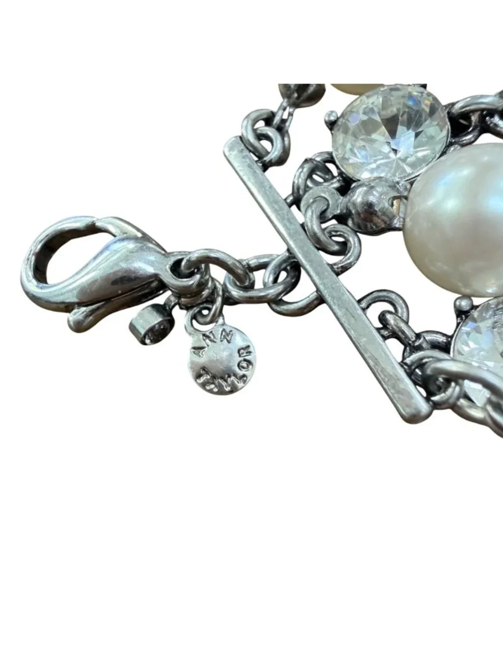 Ann Taylor Bracelet Faux Pearls Rhinestones Formal Silver Tone 7.5-8.5 inches
